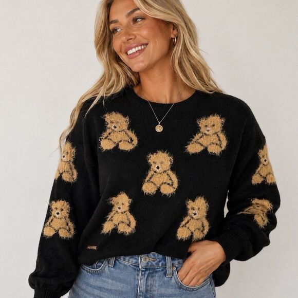 Simply Southern Sweaters - Simply Southern Teddy Bear Sweater Womens Large Black Fuzzy Pullover NWT